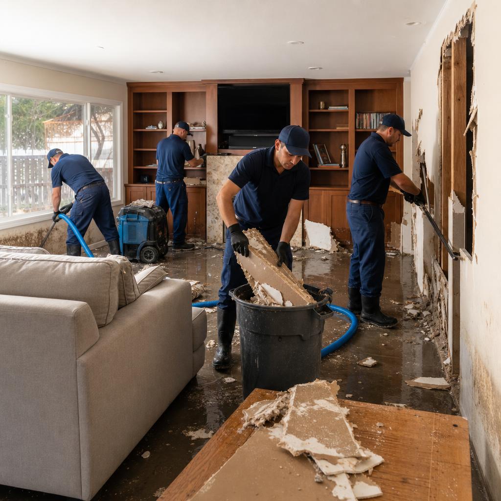 Crew removing flood-damaged debris from a home