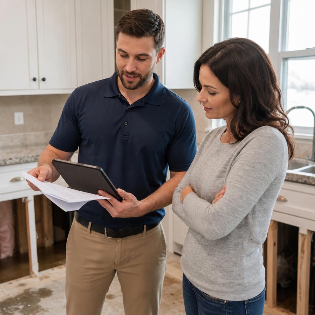 Technician reviewing insurance paperwork with a homeowner