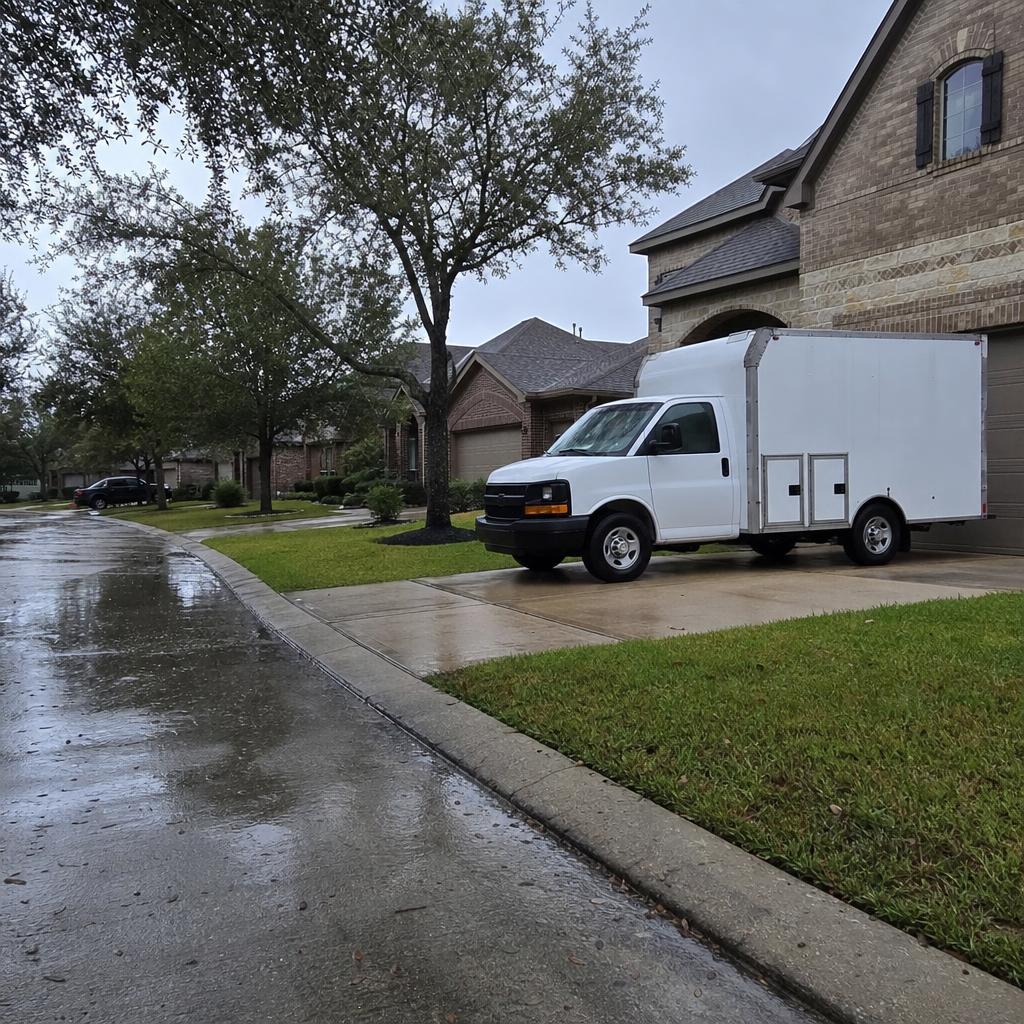 Restoration truck responding to a storm-damaged neighborhood
