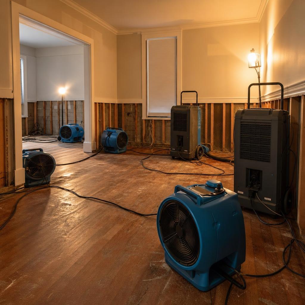 Air movers and dehumidifiers set up in a drying room